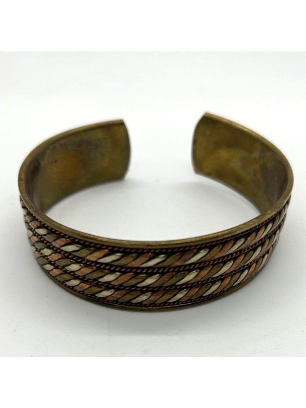 Vintage Adjustable Brass Copper & Silver-Tone Tricolor Cuff Bracelet 8" Unisex - Picture 3 of 16